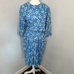 Vintage 100% Silk Floral Dress — Blue White Made in Hong Kong | Size 12 (fits M)